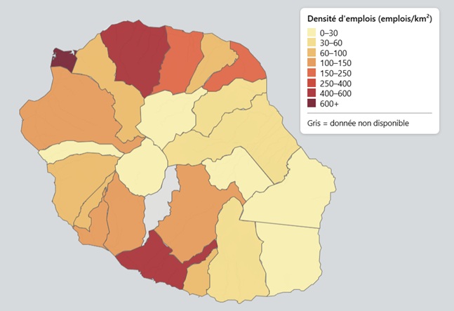 Densité d'emplois par commune à La Réunion (emplois/km²)