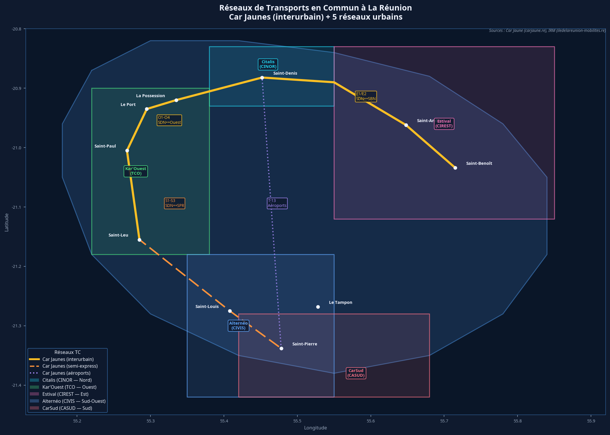 Carte des réseaux de transports en commun à La Réunion (Car Jaune + réseaux urbains)
